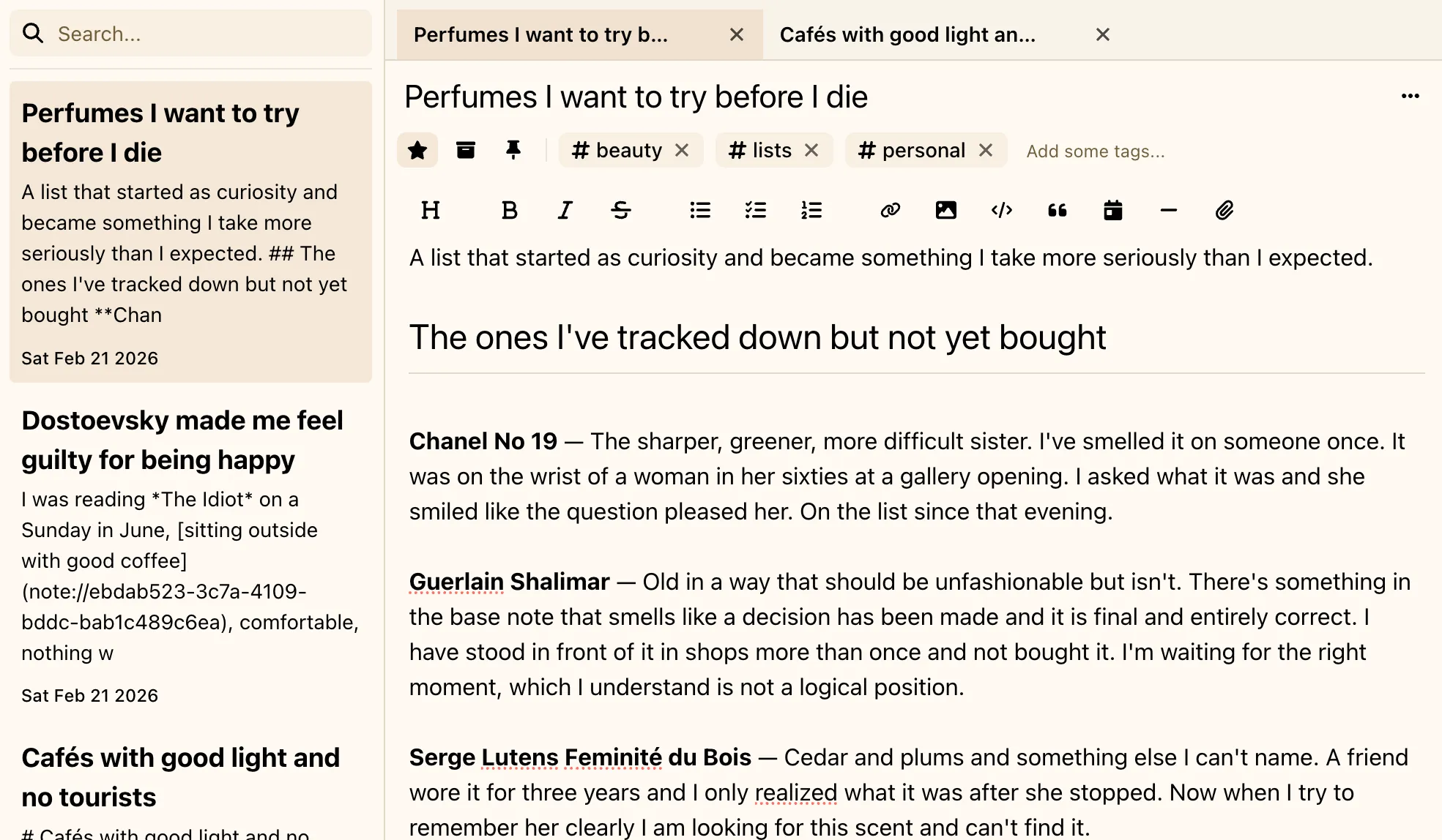 Deepink notes screen